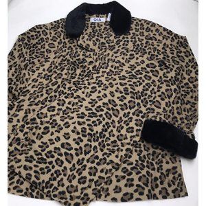 Q & A Women’s Cheetah Leopard Print Brown Faux Fur‎ Trim Pajamas Pant Set Sz M